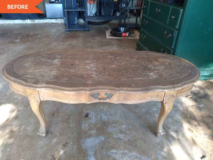 Before: brown round dining table with scratches