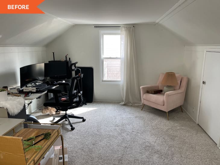 Before: white attic space with a desk and computer