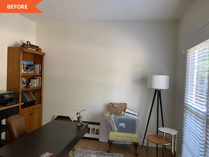 Before: White walls with bookshelf and lamp