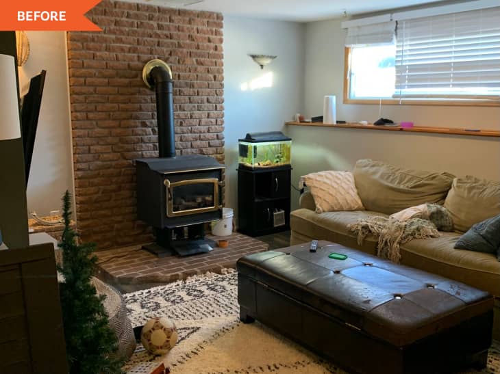 Before: red brick fireplace