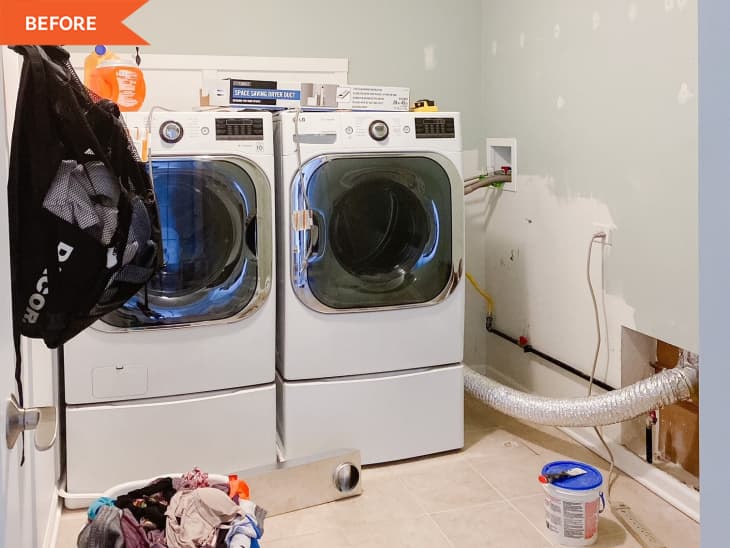 Before: unpainted laundry room with exposed wires
