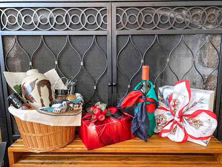 Holiday gifts wrapped with vintage fabric.