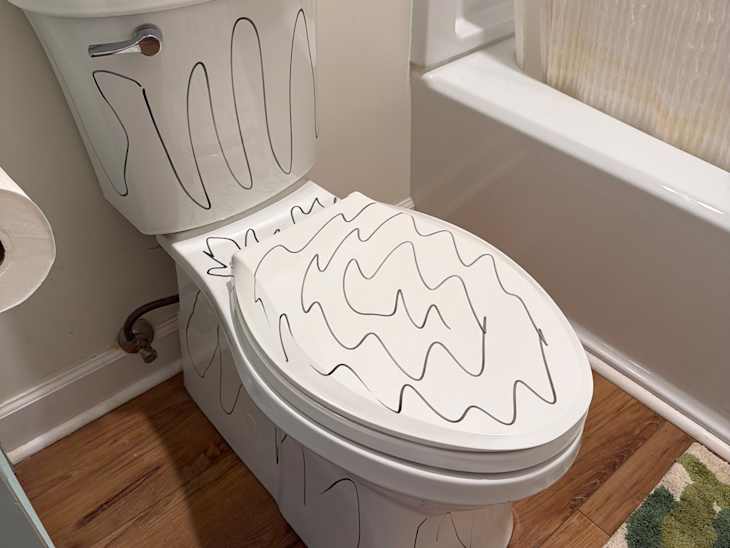 Marker drawn on toilet seat.