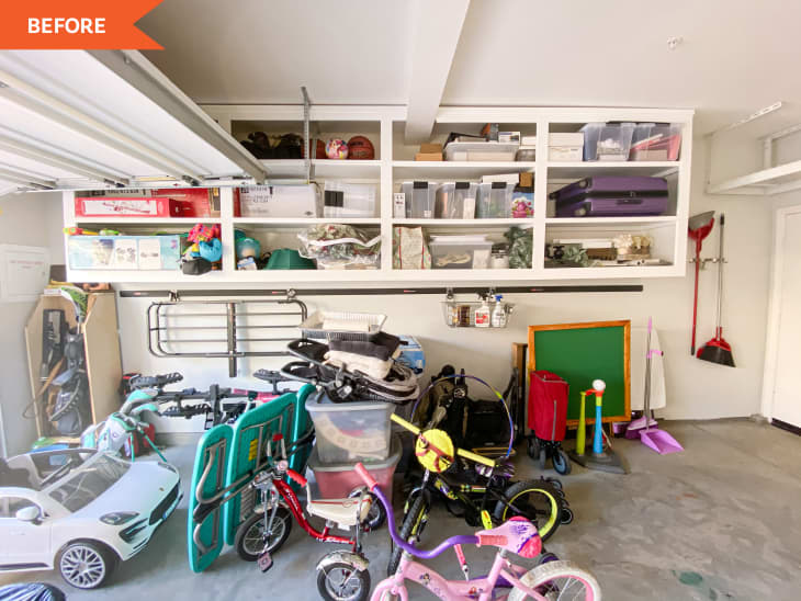 Before: kids toys and bikes  on the garage floor