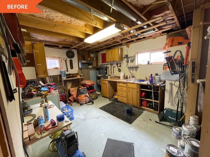 Before: unorganized workspace in garage with tools everywhere