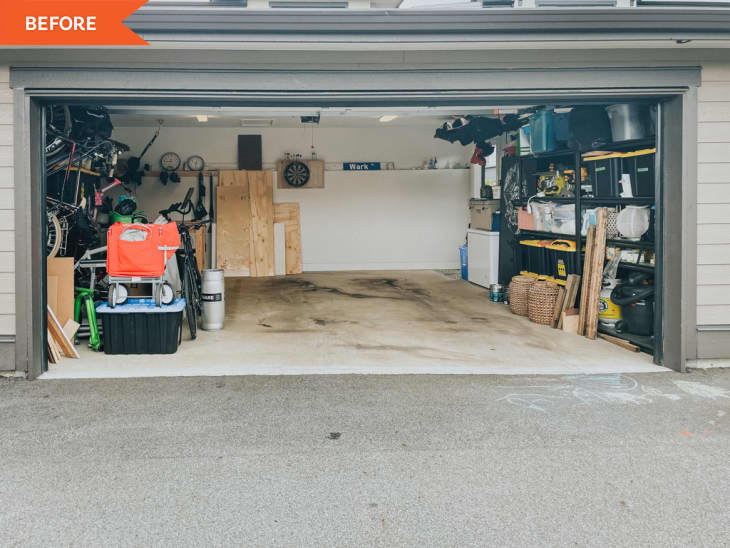 Before: garage with shelves full of containers