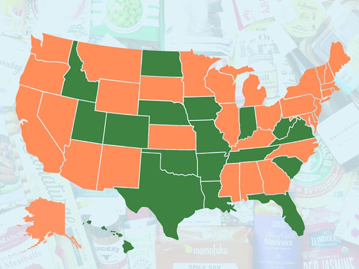 map of states that are restricting SNAP benefits for junk food with background of groceries below