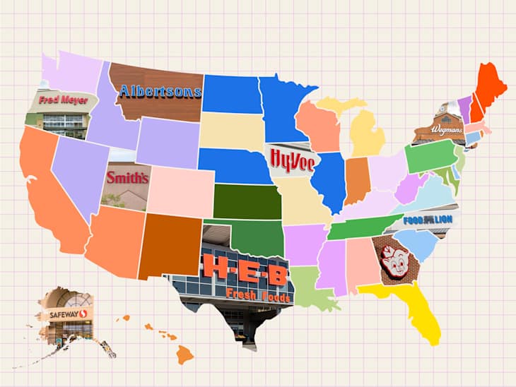 Map of the United States featuring grocery store logos, including Fred Meyer, Albertsons, Smith's, Hy-Vee, H-E-B, Food Lion, and Wegmans.