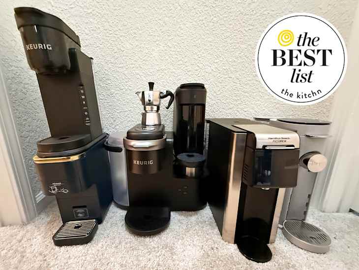 several brands of single-serve coffee makers lined up