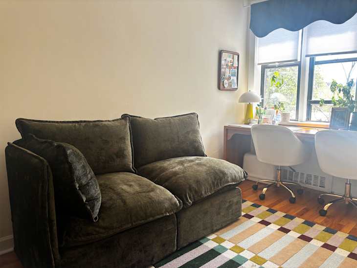 Cozey Green Gaia sofa in colorful living room.