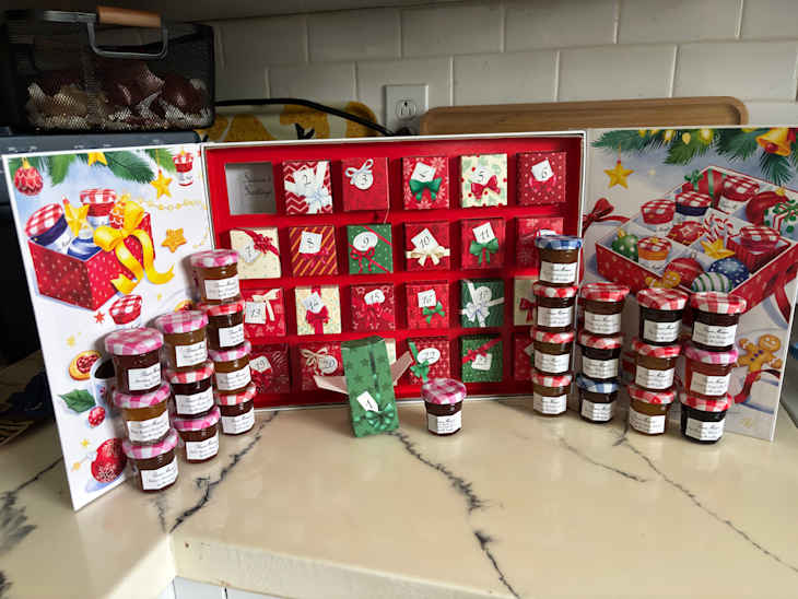 Bonne Maman advent calendar on kitchen countertop.