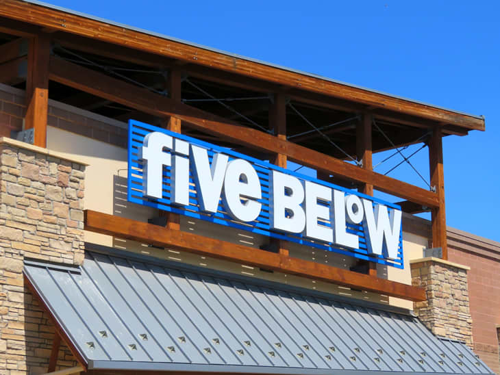 Five Below now open - Closeup of sign on building (Loveland, Colorado, USA)