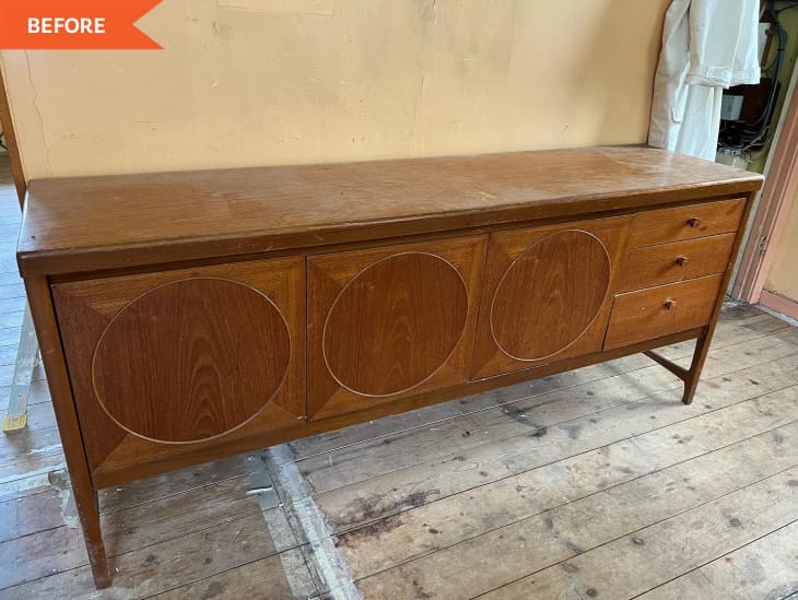 Before: a long wooden cabinet with three plain doors