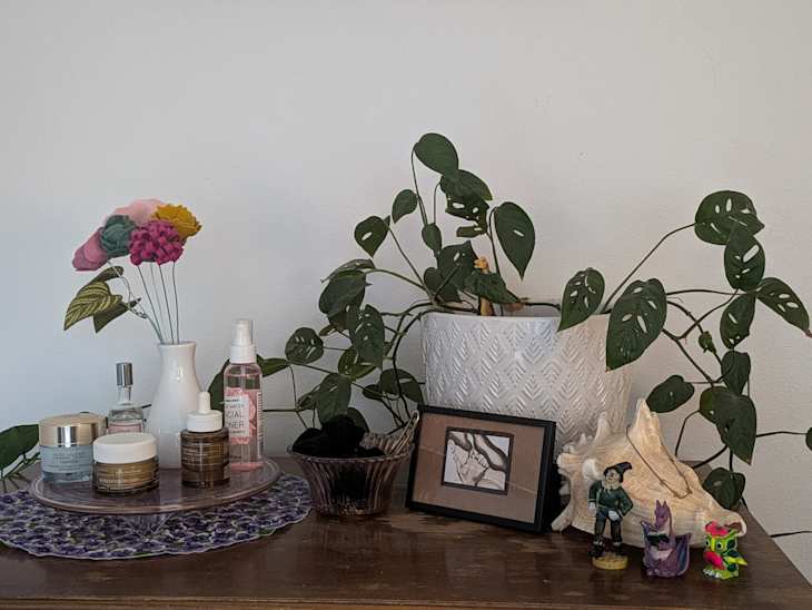 Using grandmother's vintage, antique 1950s glassware for storage.
