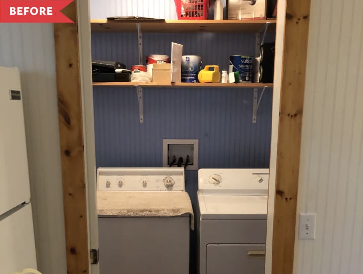 Before: Laundry room with cluttered shelves and blue beadboard walls
