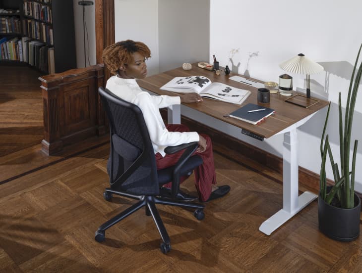 Person sitting at a wooden desk with books, a lamp, and a plant, in a room with wooden flooring and bookshelves.