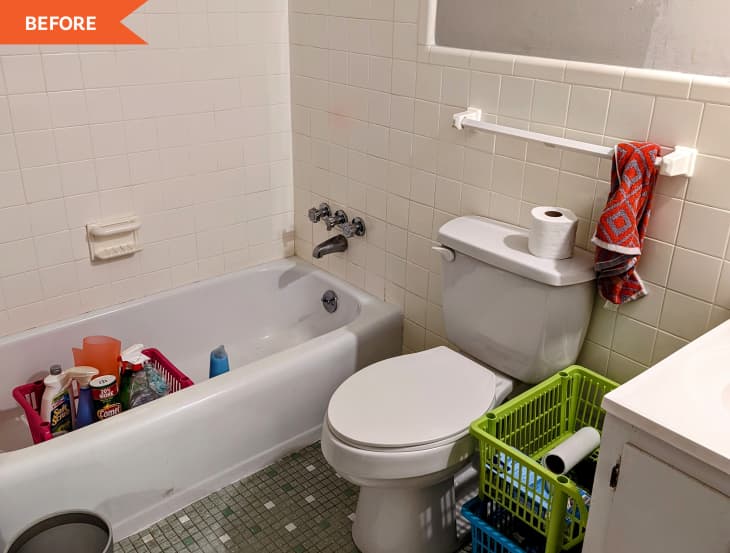 Before: Cluttered, dated bathroom