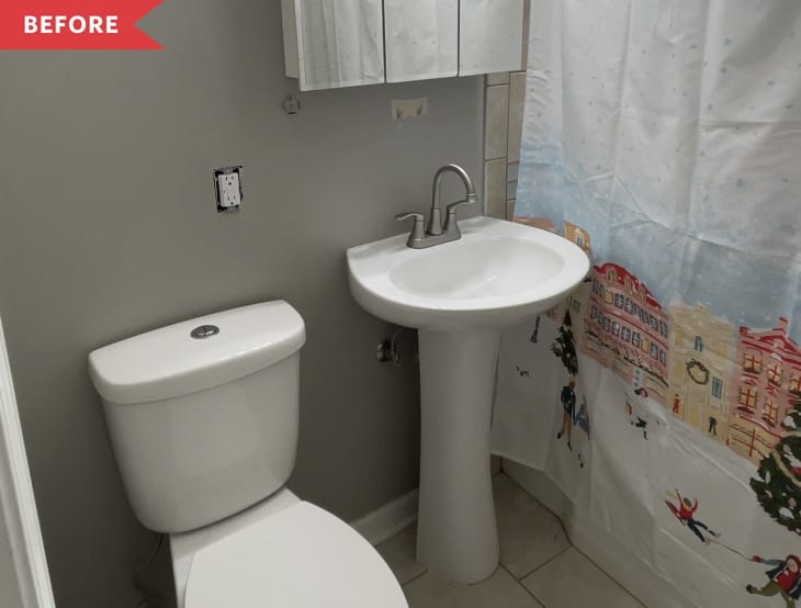 Before: gray bathroom with beige tile floor and a three-part mirrored medicine cabinet