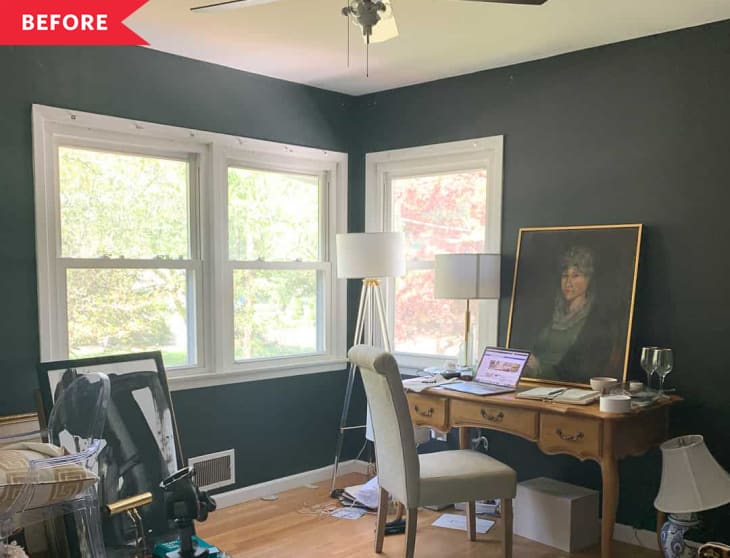 Before: Cluttered office with dark gray walls
