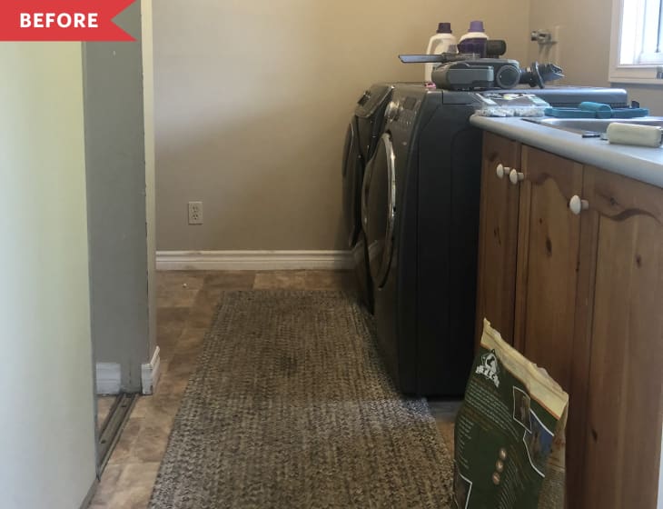 Before: beige laundry room with small closet and wood cabinets
