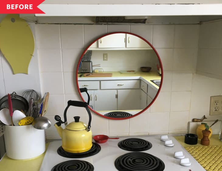 Before: plain white kitchen tile behind a stove