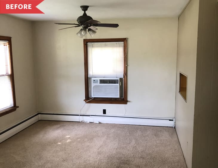 Before: Dining room with beige walls, dated ceiling fan, and tan carpeting