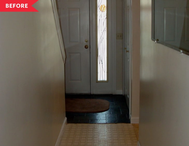 Before: narrow enclosed hallway facing front door, with view of staircase