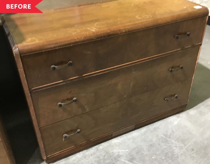Before: Vintage wood three-drawer chest, with scratched and stained surfaces