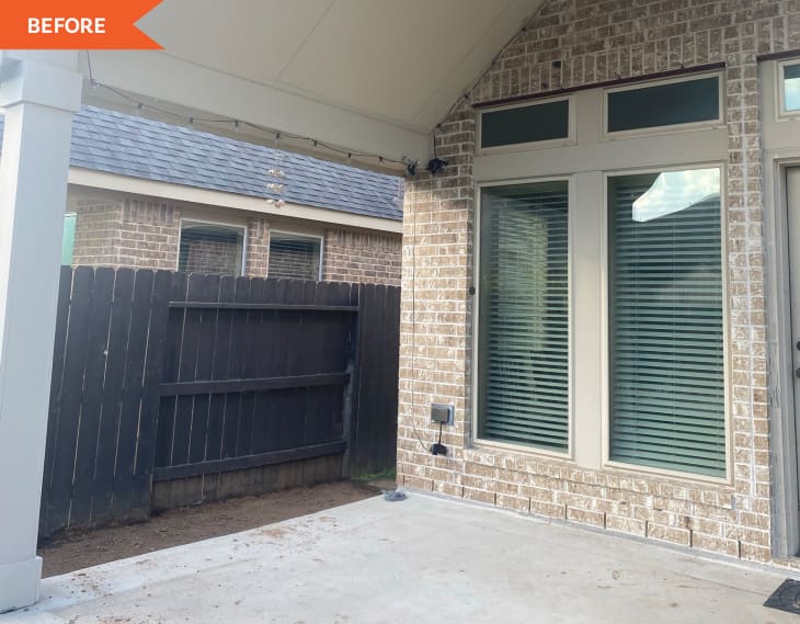 Before: empty covered brick patio