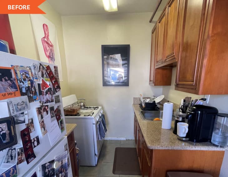 Before: Small kitchen with brown cabinets