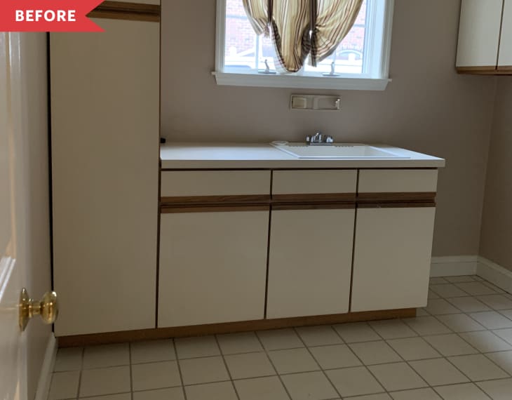 Before: Laundry room with beige floors, walls, and cabinets