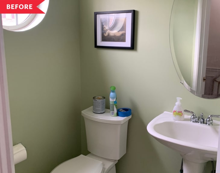 Before: Pale green powder room with white pedestal sink