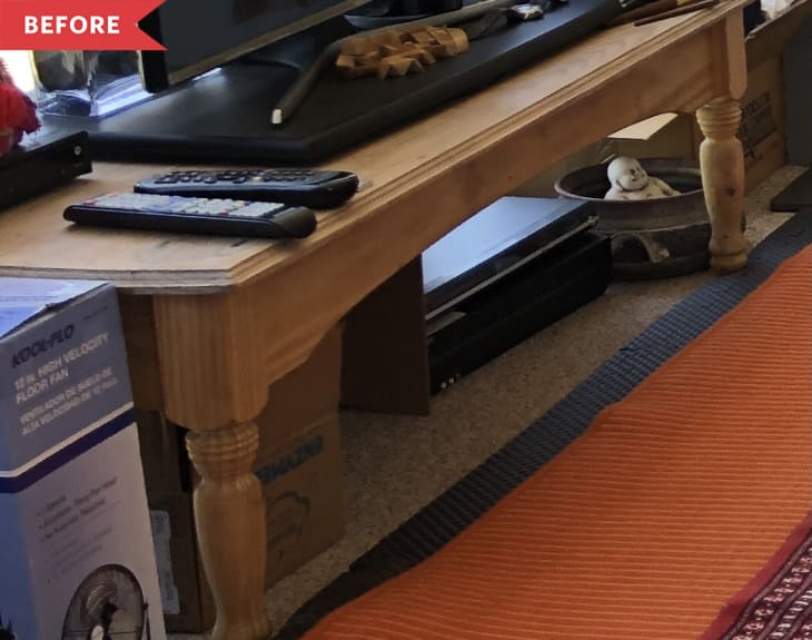 Before: Shot of plain wood table with turned legs, with TV placed on top