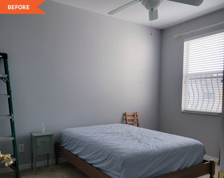 Before: a gray bedroom with a ladder and a mattress