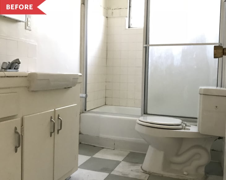 Before: Bathroom with old white tile, toilet, tub, and sink