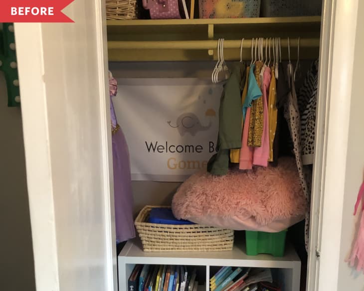 Before: Crowded closet full of boxes and clothes