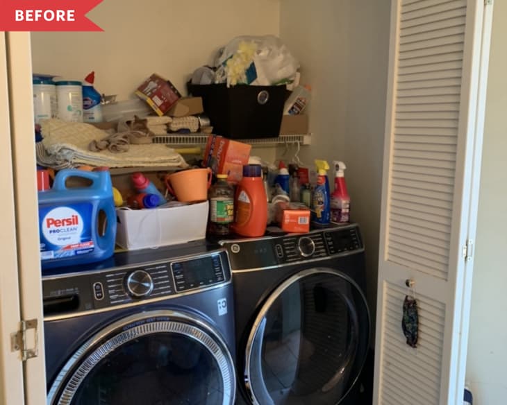 Before: Washer and dryer in a closet area, with cluttered shelf above