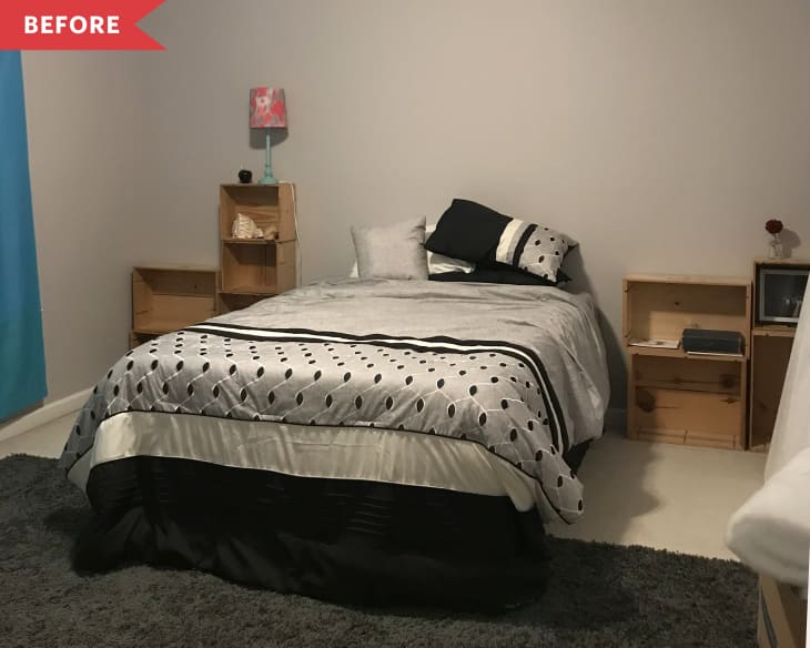 Before: White bedroom with bed, crates for nightstands, and gray rug