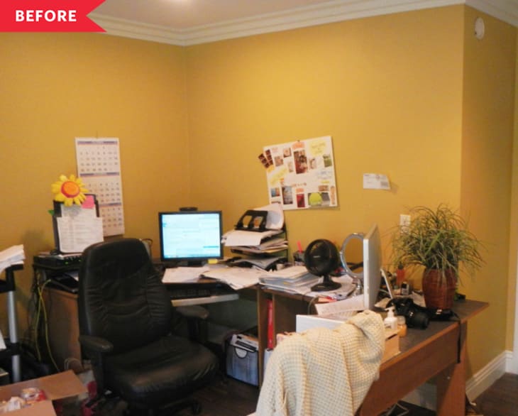 Before: Cluttered office corner with yellow walls