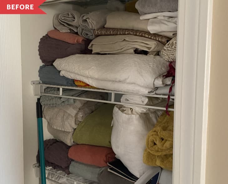 Before: crowded closet full of mismatched towels