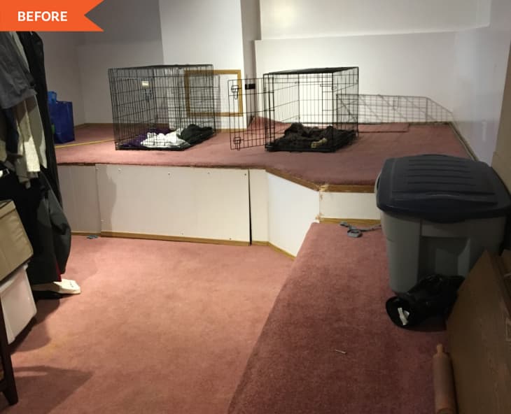 Before: Pink-carpeted basement with platform