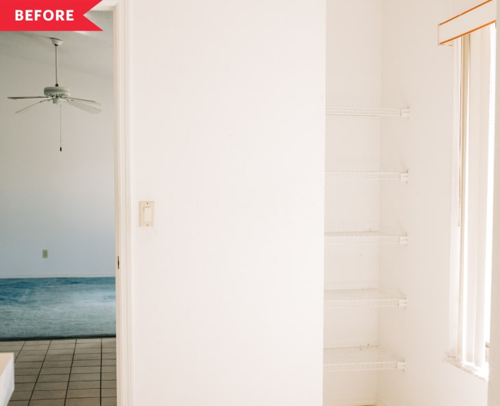 Before: White wall with small closet and wire shelves