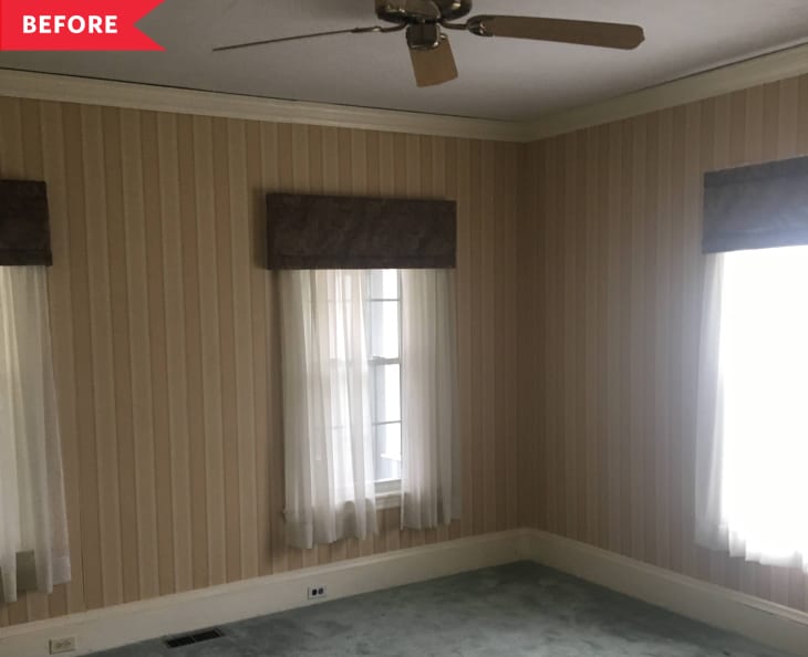 Before: Living room with outdated curtains, striped wallpaper, and gray carpet