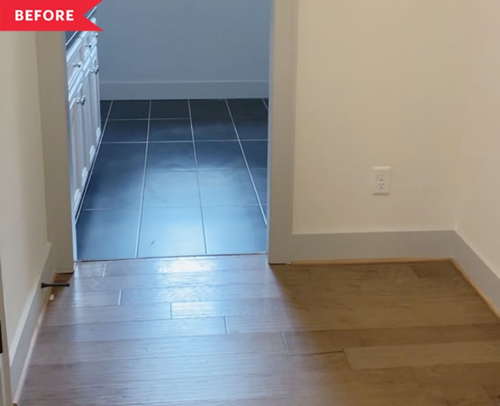 Before: empty mudroom with wood floors and cream-colored walls