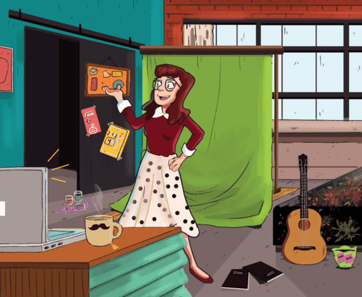 Cartoon woman in polka dot skirt holding a book, standing by a green screen with a guitar and laptop nearby.