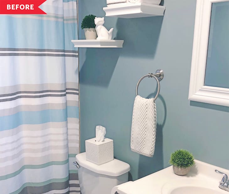 Bathroom with blue striped shower curtain, white shelves, decorative cat, tissue box, and towel on ring.