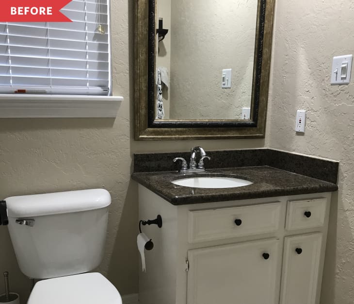 Before: Dark bathroom with beige walls, white vanity, and no decor