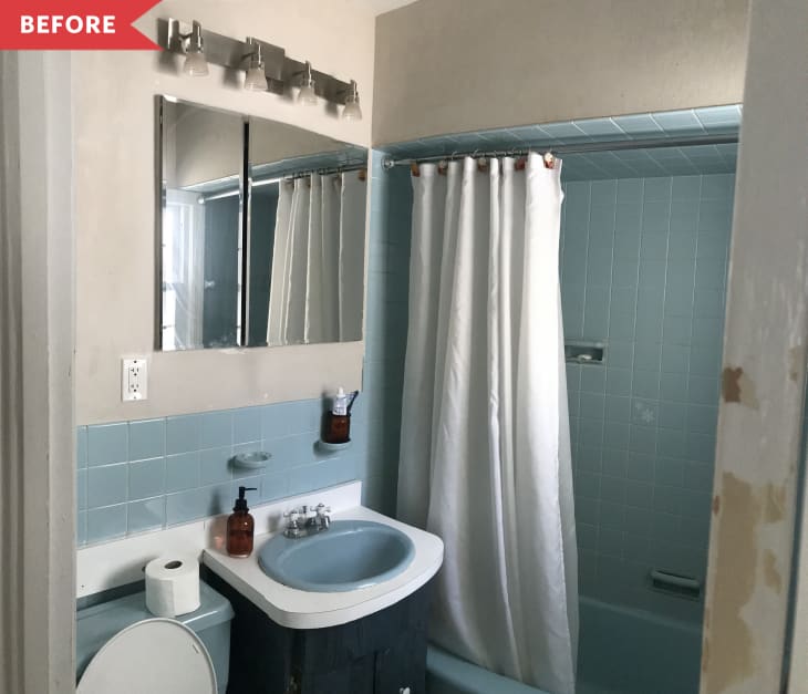 Before: Dingy bathroom with blue tile