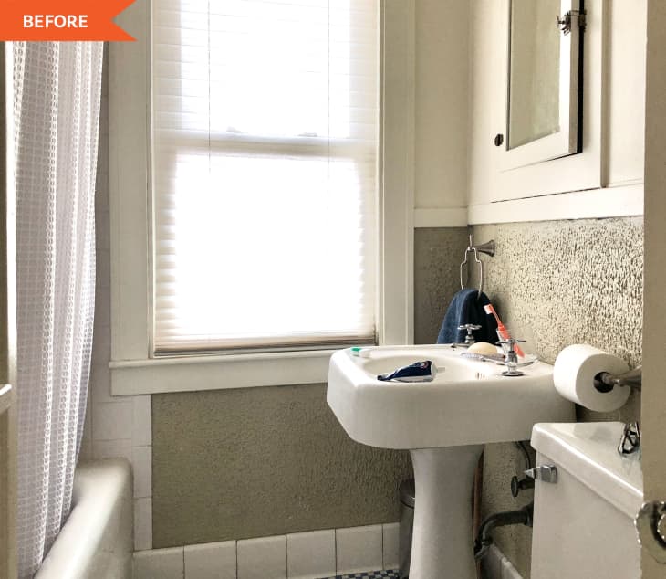 Before: green popcorn bathroom wall with sink, toilet, and tub