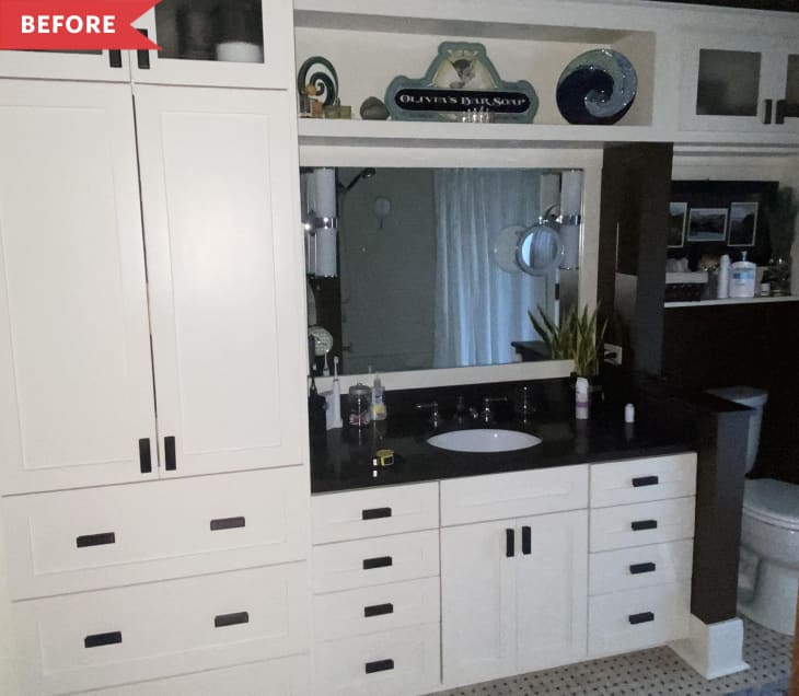 Before: Bathroom with white cabinetry and shelving